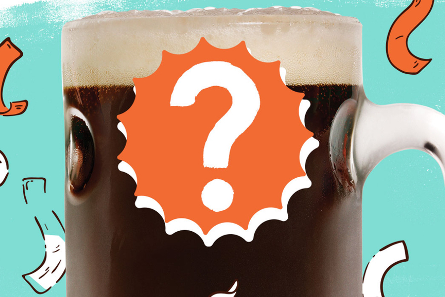 Background is light blue with orange and white confetti. A mug of A&amp;amp;W Root Beer is in the center of the image. An orange starburst is in the center of the mug with a white question mark inside.