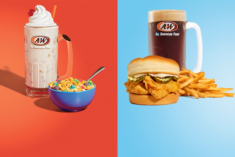 Left side is Cap&#039;n Crunch Cereal Shake on red gradient background. Right side is a 2pc. Hand-Breaded Chicken Tender Sandwich Combo on a blue gradient background.