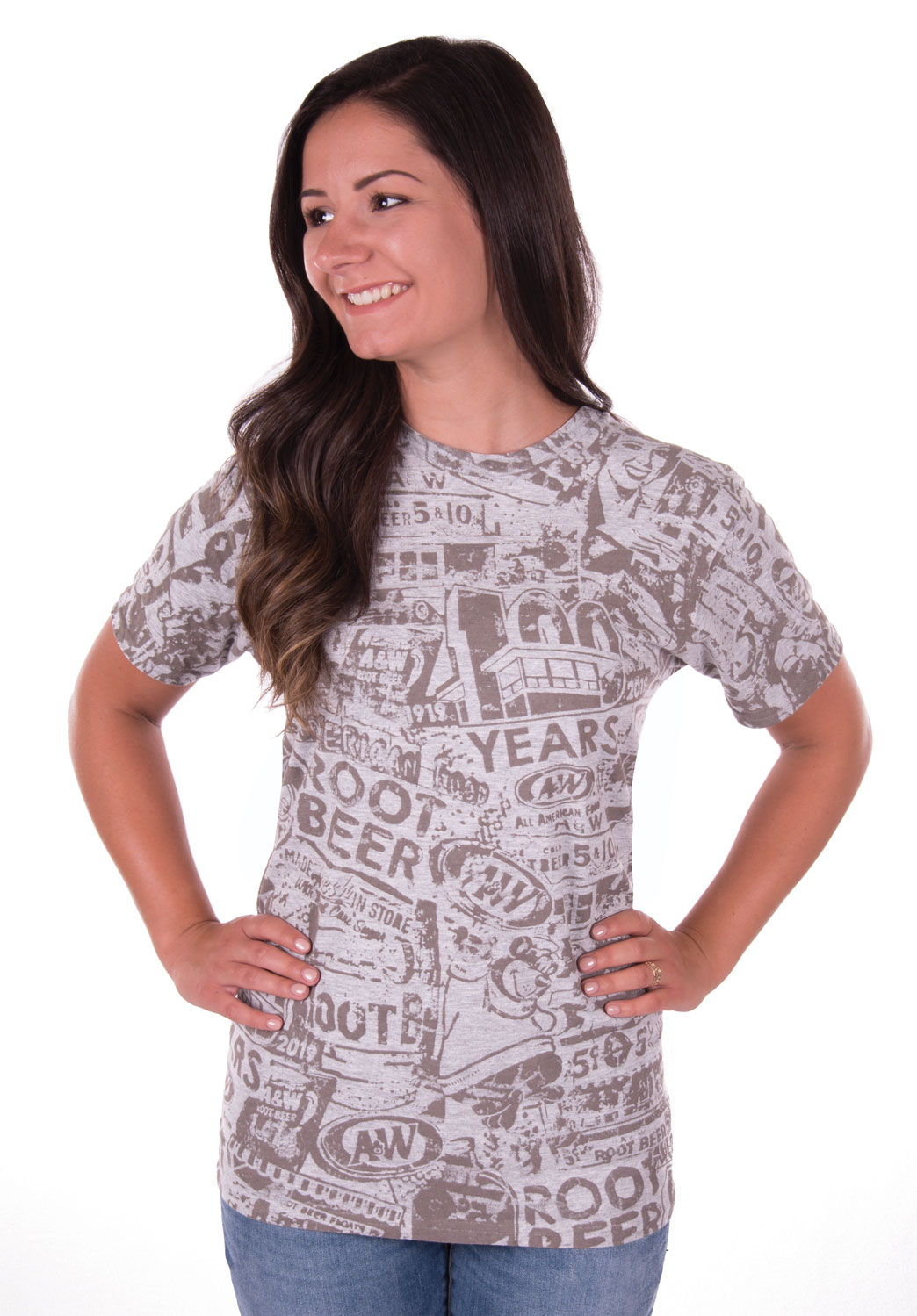Grey tee with A&W 100th Anniversary collage print