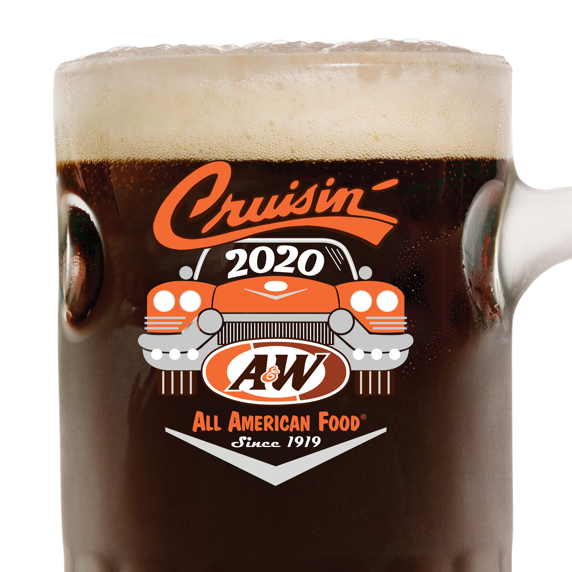 Root Beer in an A&W Mug. Logo is an orange car. Text on top reads "Cruisin'" with "2020" text inside car windshield. A&W Restaurants logo is on the bottom of the car. 