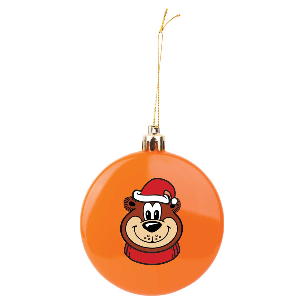 Orange circular ornament featuring artwork of Rooty the Great Root Bear in a Santa hat