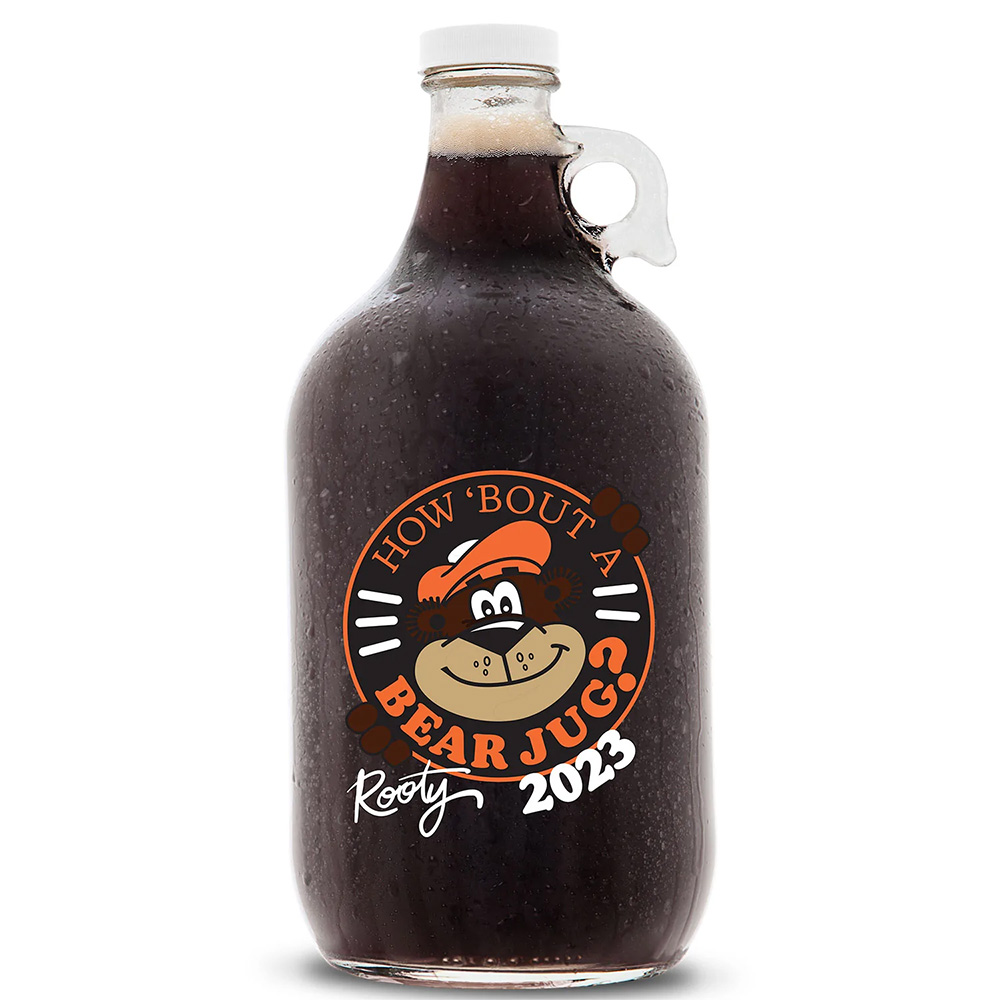 Glass jug with art of Rooty on front and text that says "How bout a bear jug?"
