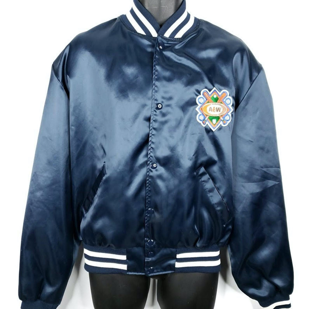 Vintage navy A&W bomber jacket with white trim on bottom of jacket and on sleeves.