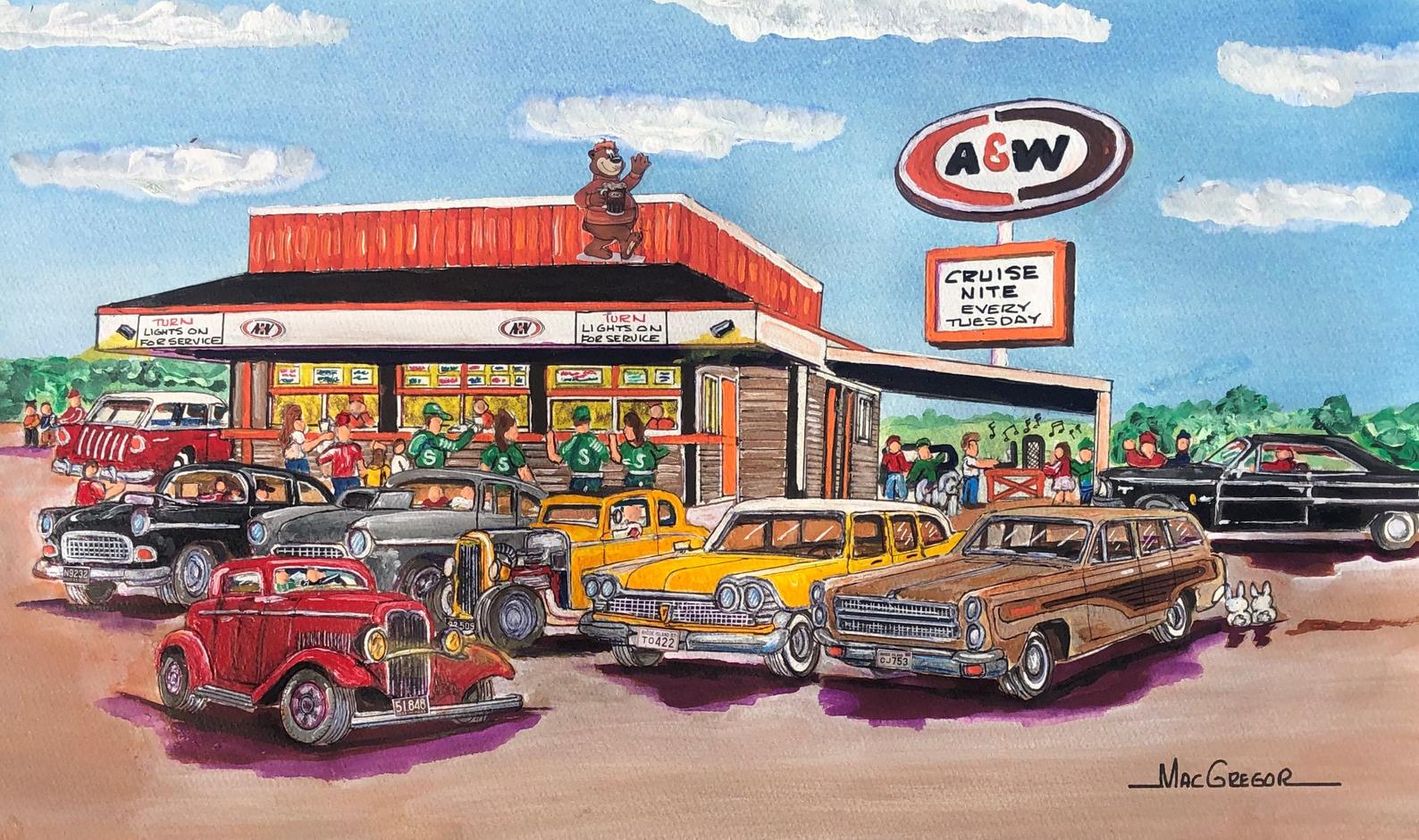 Art print of an A&W Restaurant exterior with cars parked outside.