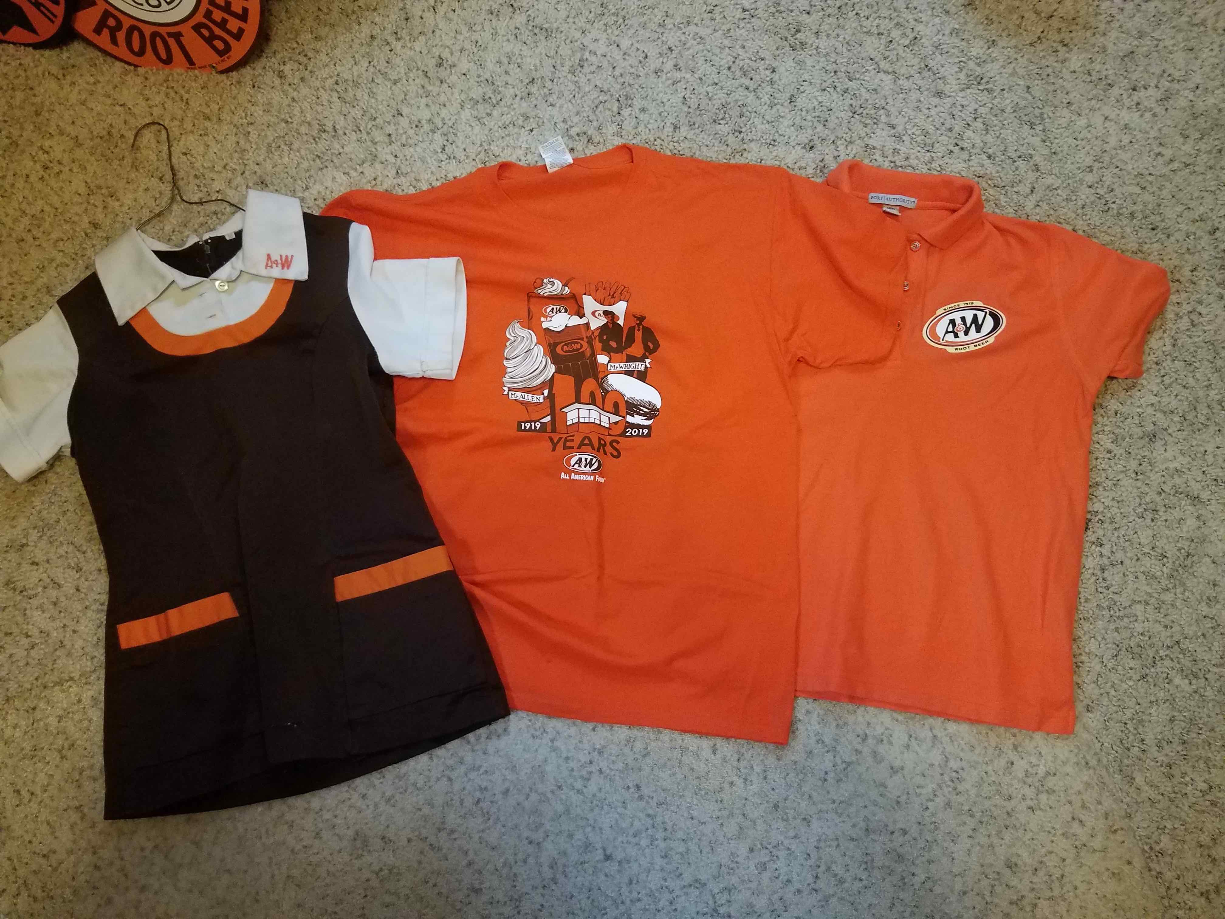 Various A&W Restaurants shirts from over the years.