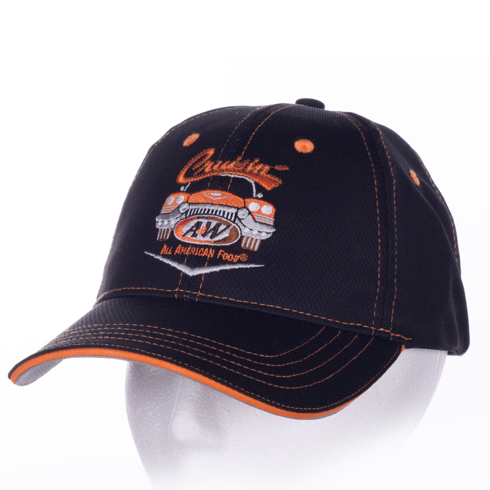 Black baseball cap with orange stitching and A&W Restaurants 2020 logo in the center.