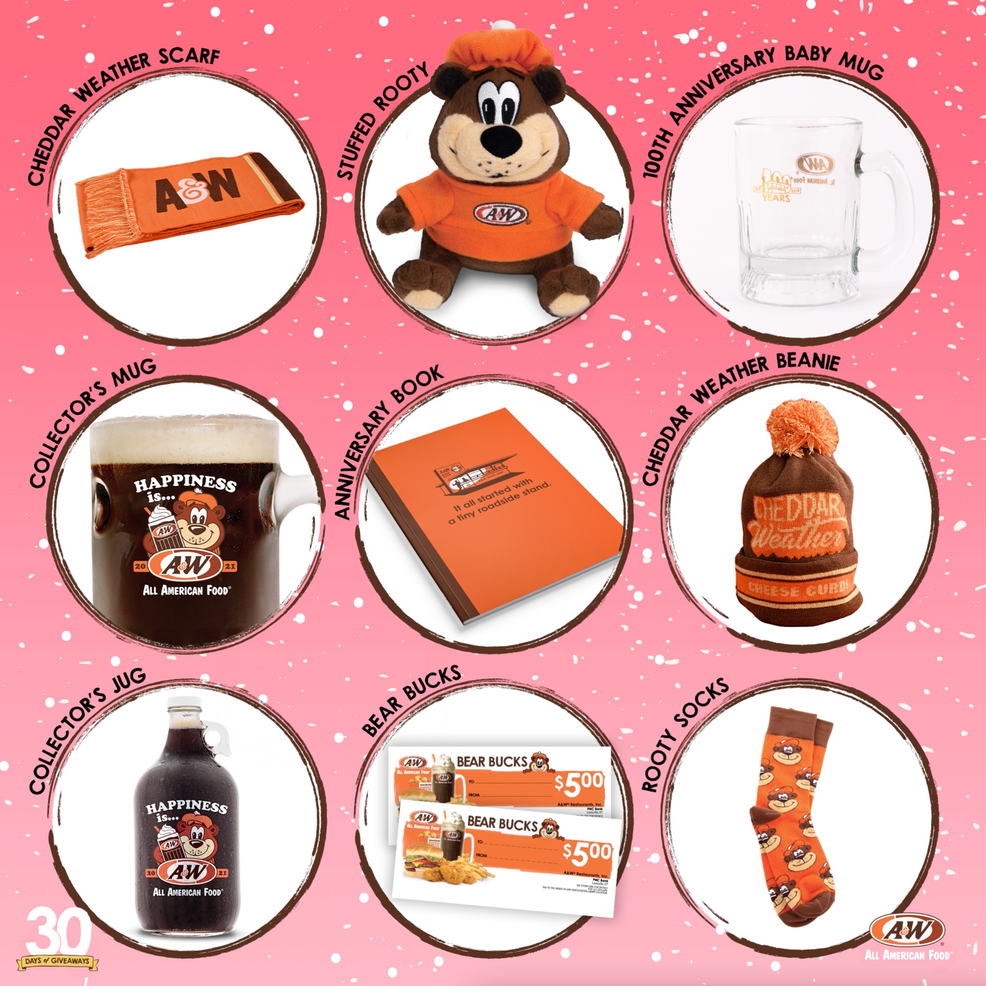 30 Days of Giveaways Grand Prize Pack featuring Stuffed Rooty, 100th Anniversary Baby Mug, Bear Bucks, Collector's Mug, Rooty Socks, Cheddar Weather Beanie, Cheddar Weather Scarf, 100th Anniversary Book, and Collector's Jug.