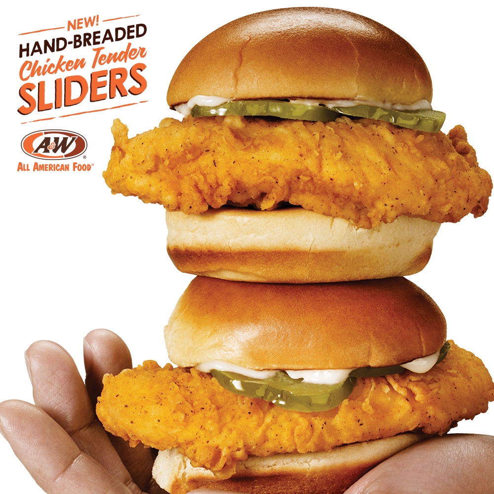 Hand holding two Hand-Breaded Chicken Tender Sliders. Text in the top left of the image reads "New! Hand-Breaded Chicken Tender Sliders" with A&W Restaurants logo below text.