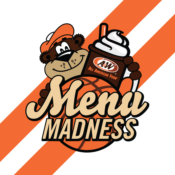 Rooty holding a Root Beer Float on top of a basketball. Text over the basketball reads "Menu Madness"