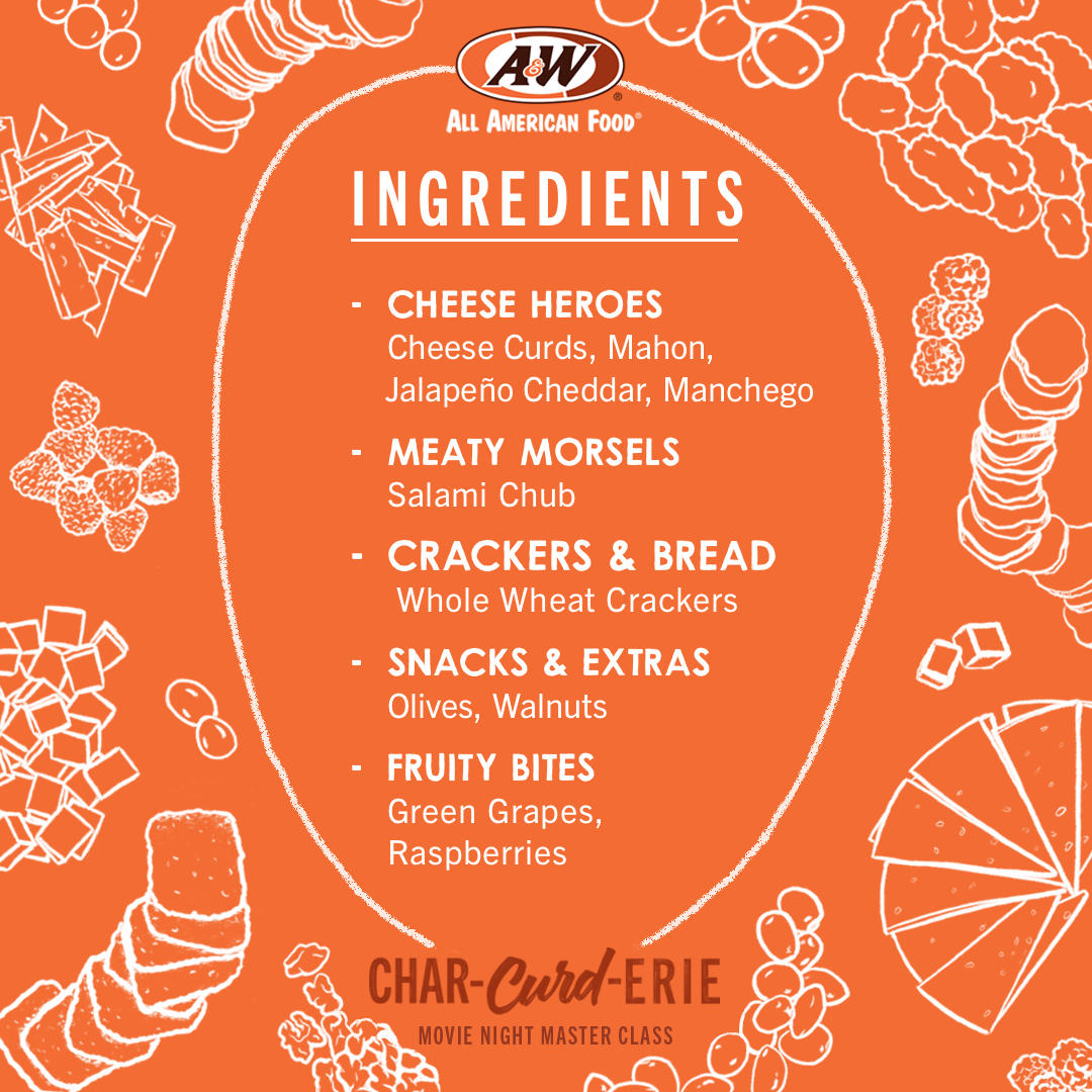 List of ingredients for the Movie Night Char-curd-erie Board