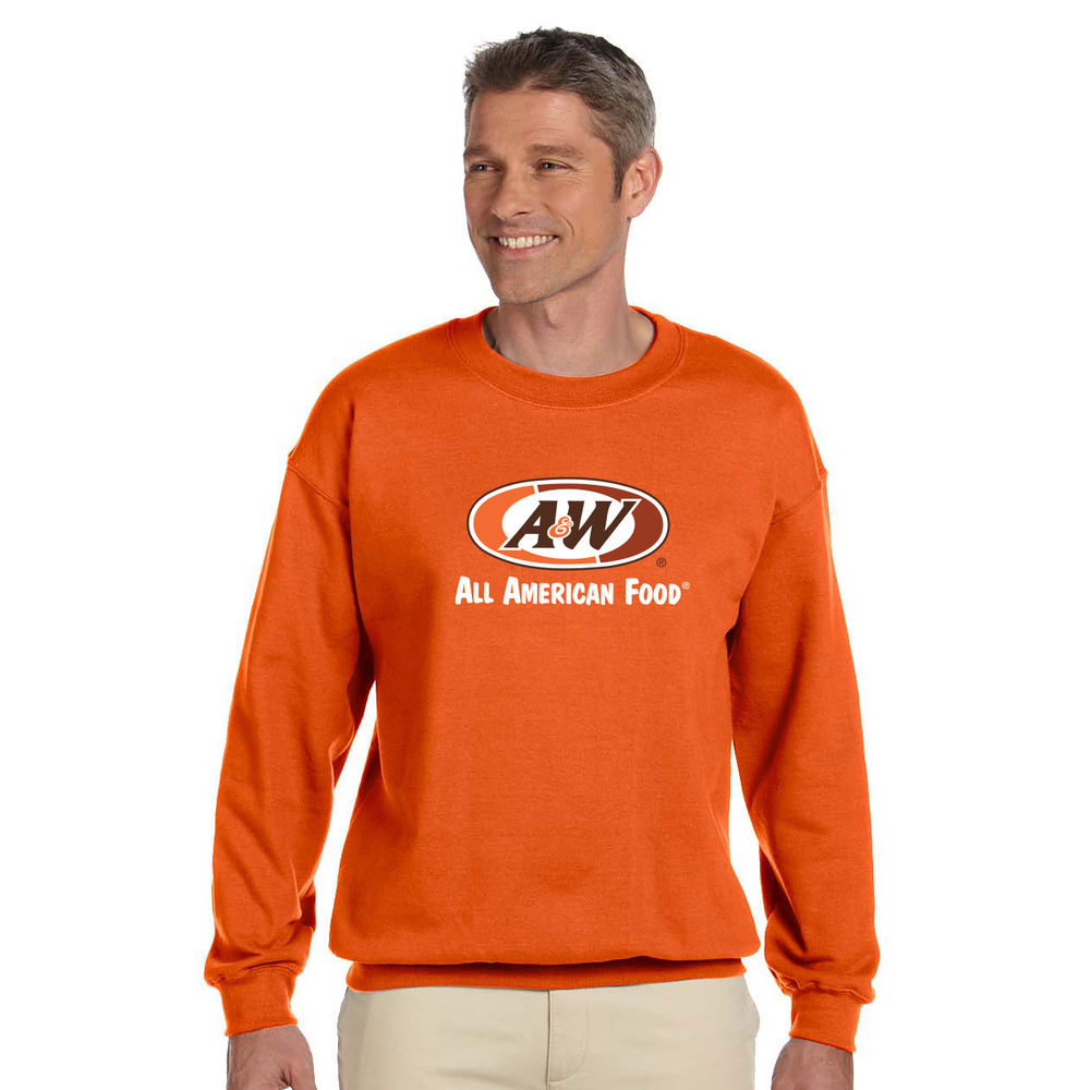 Man wearing orange sweatshirt with A&W Restaurants logo in the center.
