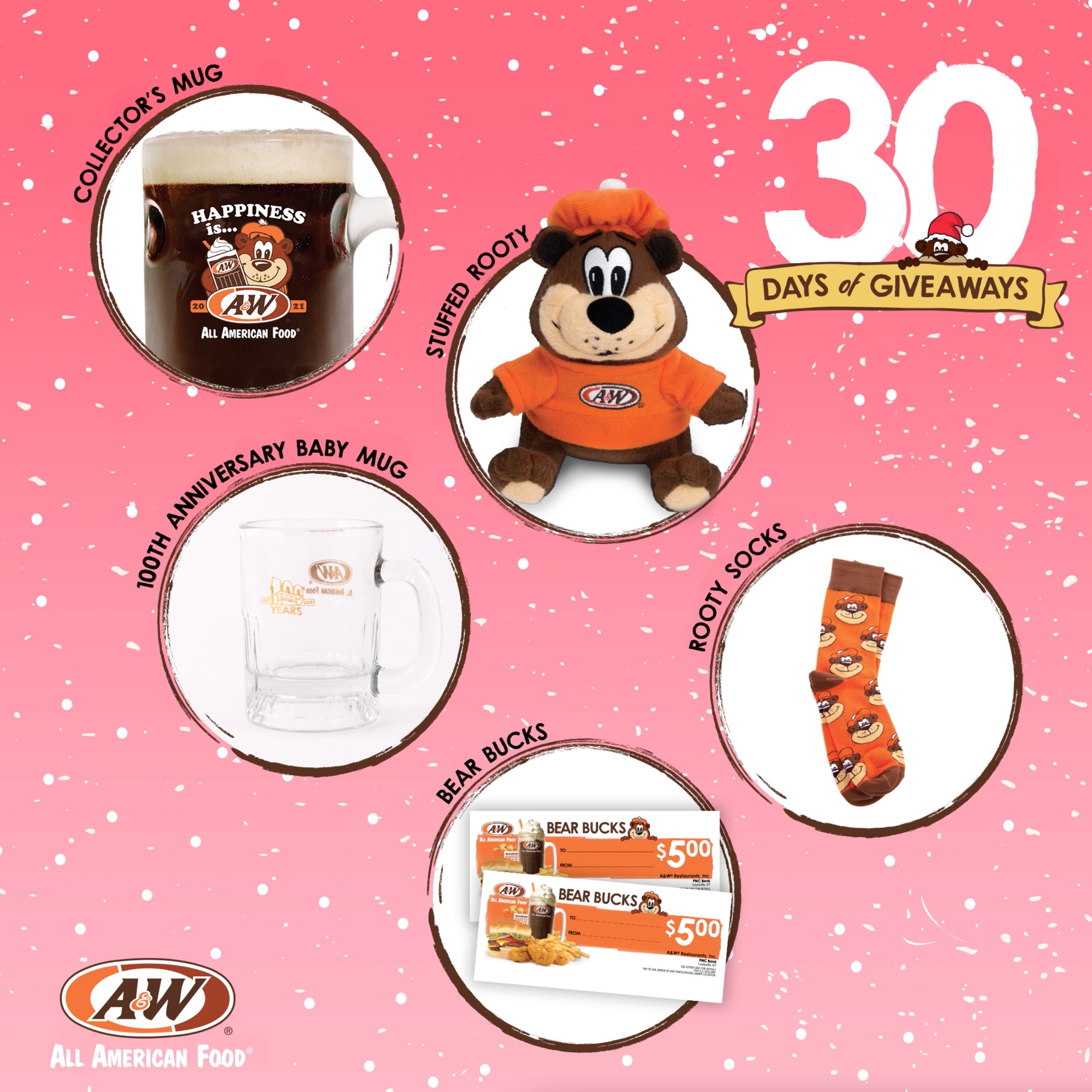 30 Days of Giveaways Prize Pack Two featuring Stuffed Rooty, 100th Anniversary Baby Mug, Bear Bucks, Collector's Mug, and Rooty Socks.