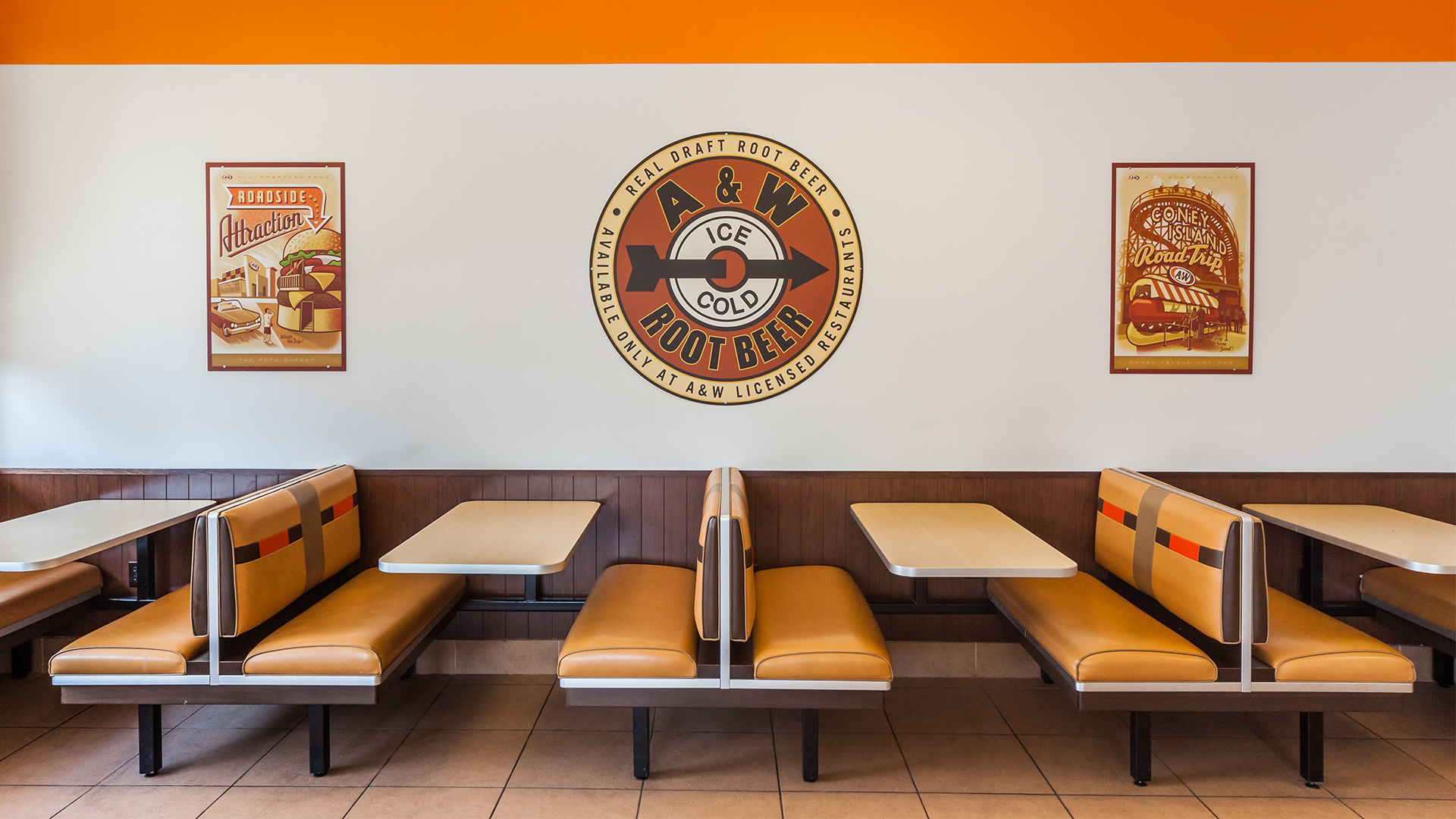 Booths inside A&W Restaurant