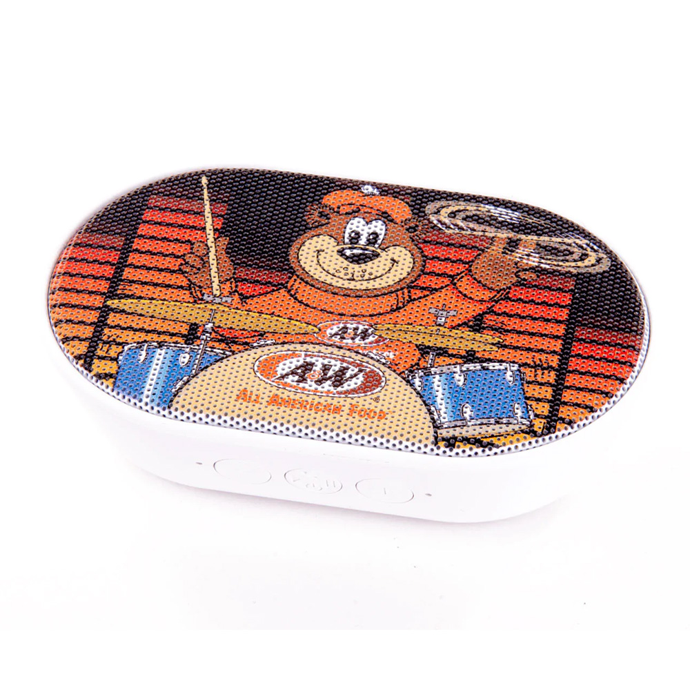 Wireless speaker featuring art of Rooty playing drums on the front