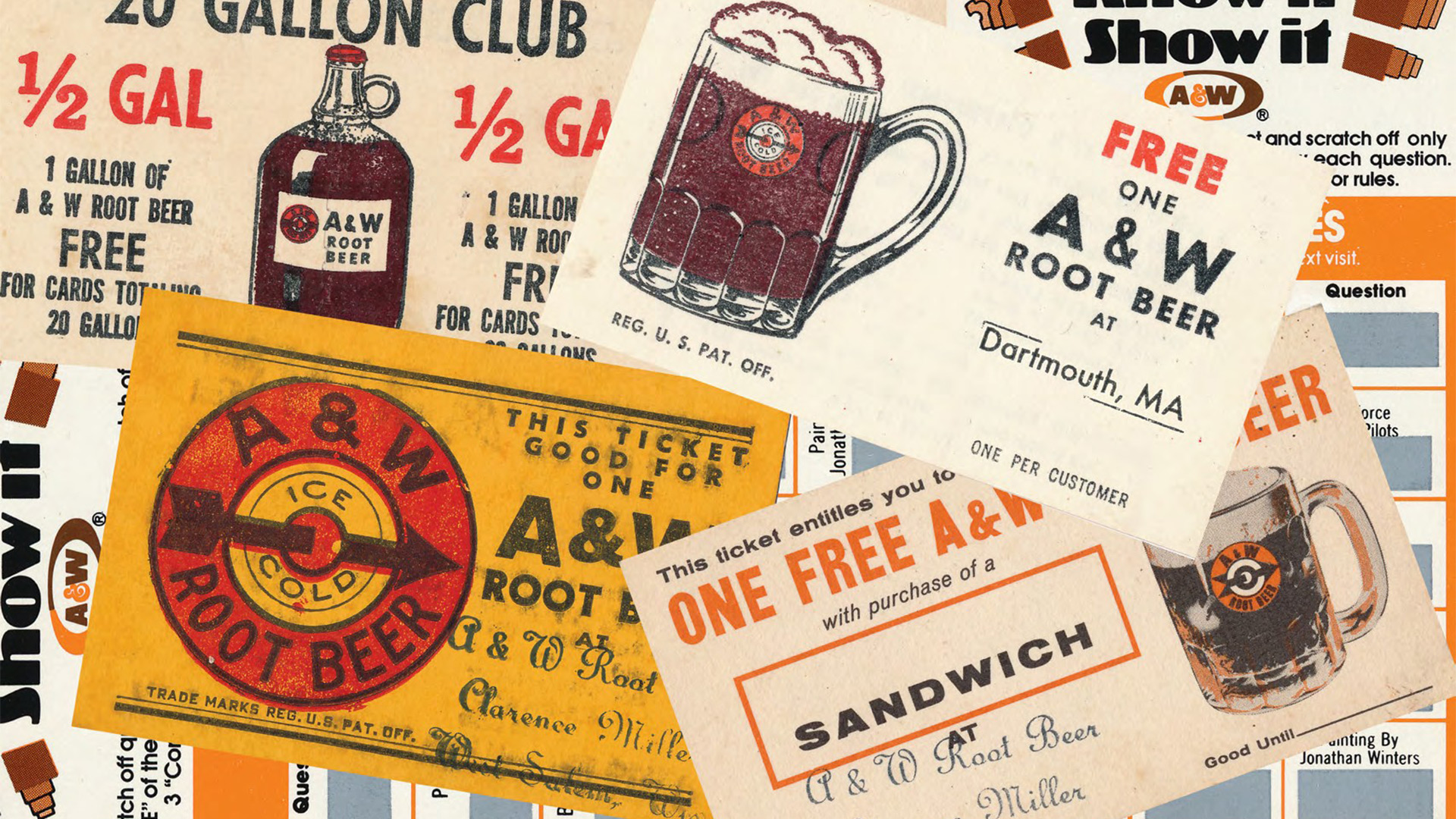 Collage of vintage A&W Restaurants coupons