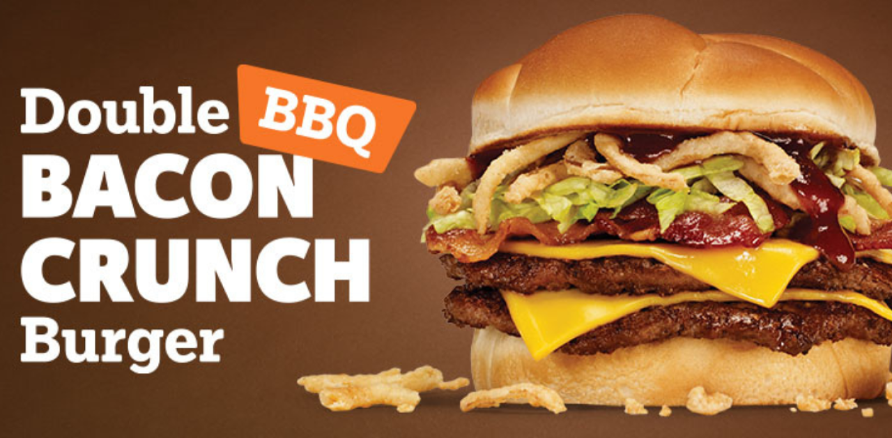A&W’s Double BBQ Bacon Crunch Burger stacked with two beef patties, crispy fried onions, smoky bacon, melted cheese, fresh lettuce, and tangy BBQ sauce on a toasted bun.